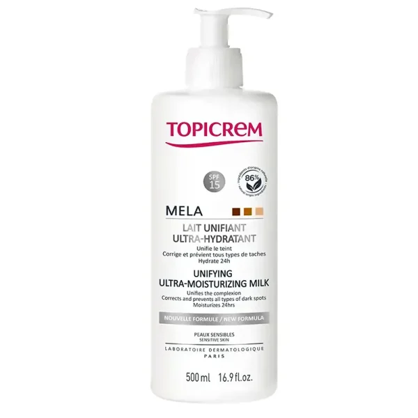 TOPICREM MELA ultra-moisturizing unifying body milk SPF15+ 500 ml