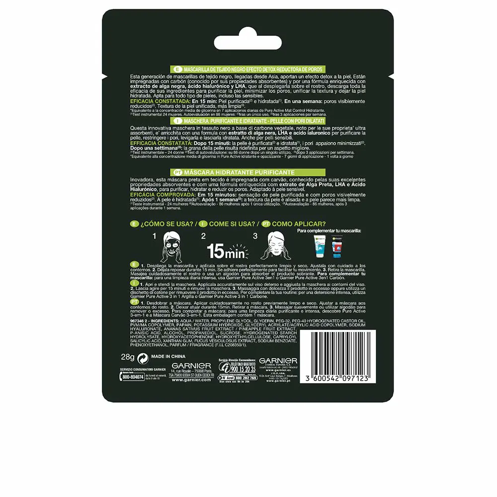 GARNIER PURE CHARCOAL black mask tissu detox effect 28 gr