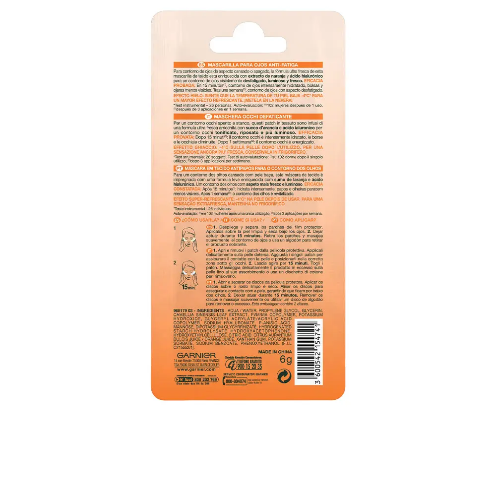 GARNIER SKINACTIVE mask tissu eyes antifatiga x 2 parches