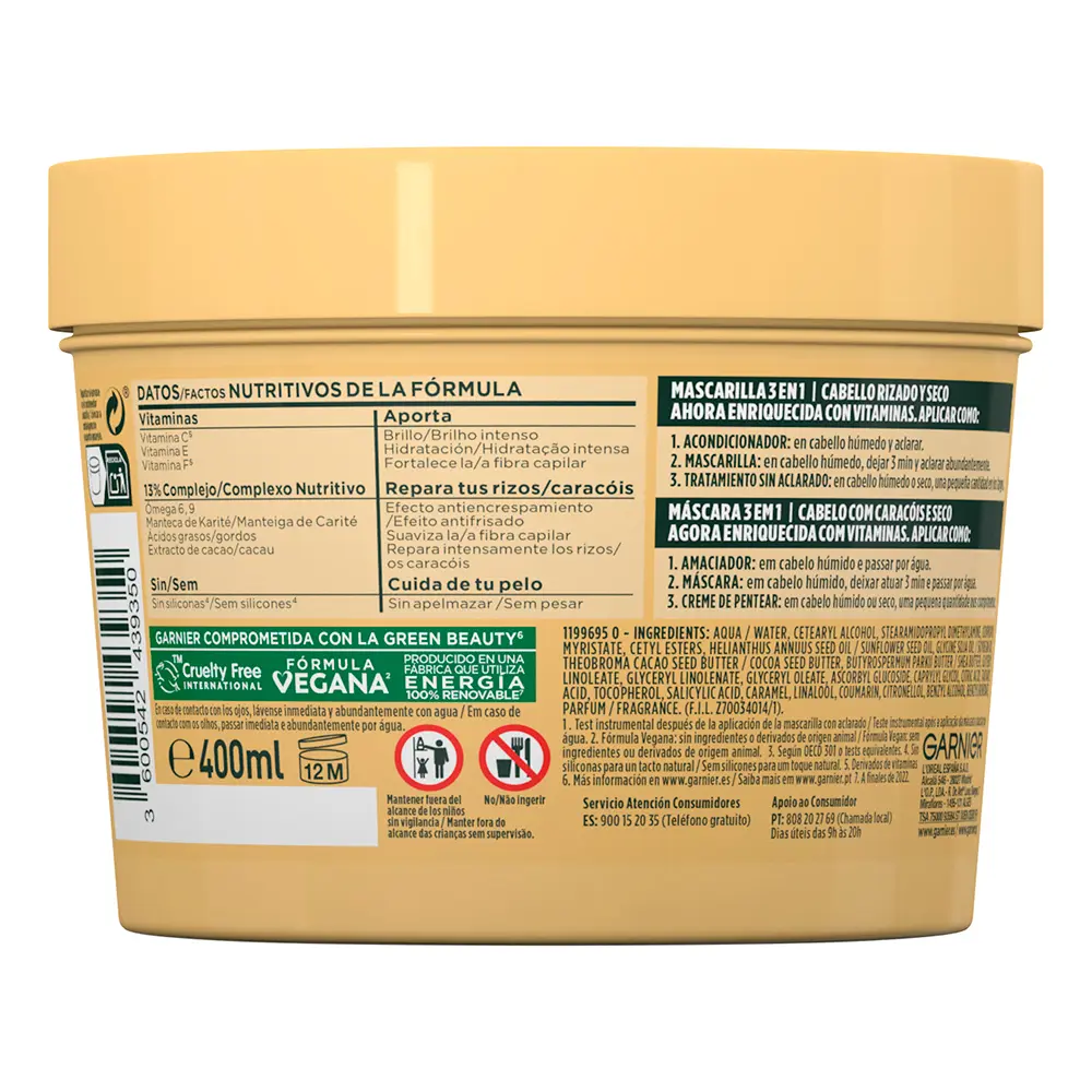 GARNIER FRUCTIS HAIR FOOD cocoa butter mask nourished curls 390 ml