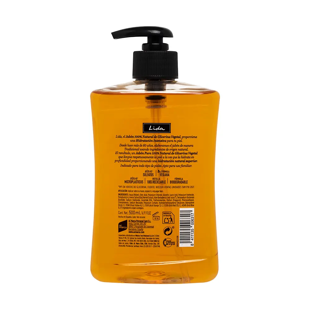 LIDA Savon pour les mains à la glycérine 100% NATUREL 500 ml