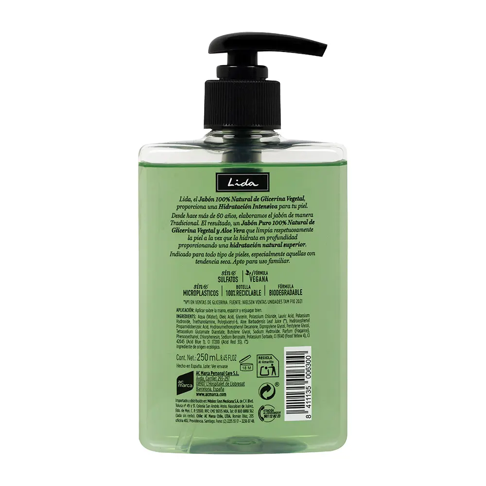 LIDA Savon pour les mains 100% NATUREL à la glycérine et à l'aloe vera 250 ml