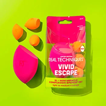 REAL TECHNIQUES VIVID ESCAPE XL + MINI MIRACLE COMPLEXION SPONGE CASE 4 pcs