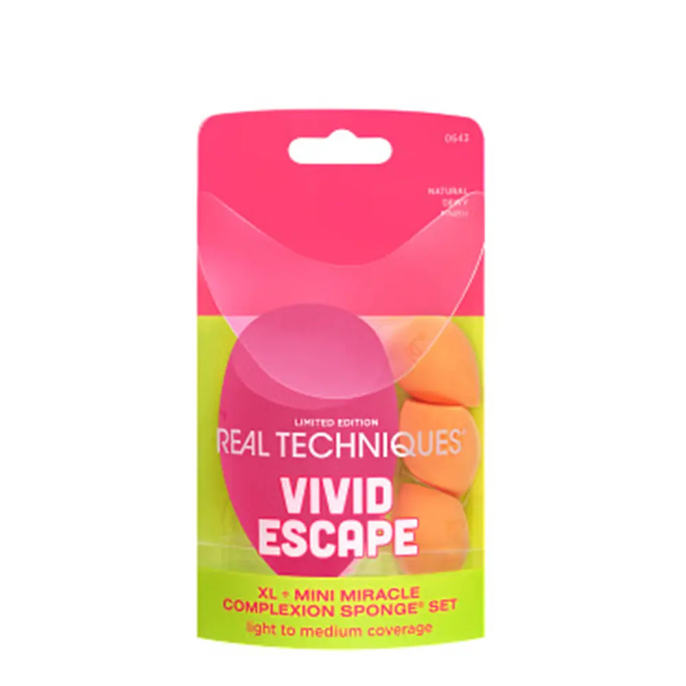 REAL TECHNIQUES VIVID ESCAPE XL + MINI MIRACLE COMPLEXION SPONGE CASE 4 pcs REAL TECHNIQUES VIVID ESCAPE XL + MINI MIRACLE COMPLEXION SPONGE CASE 4 pcs
