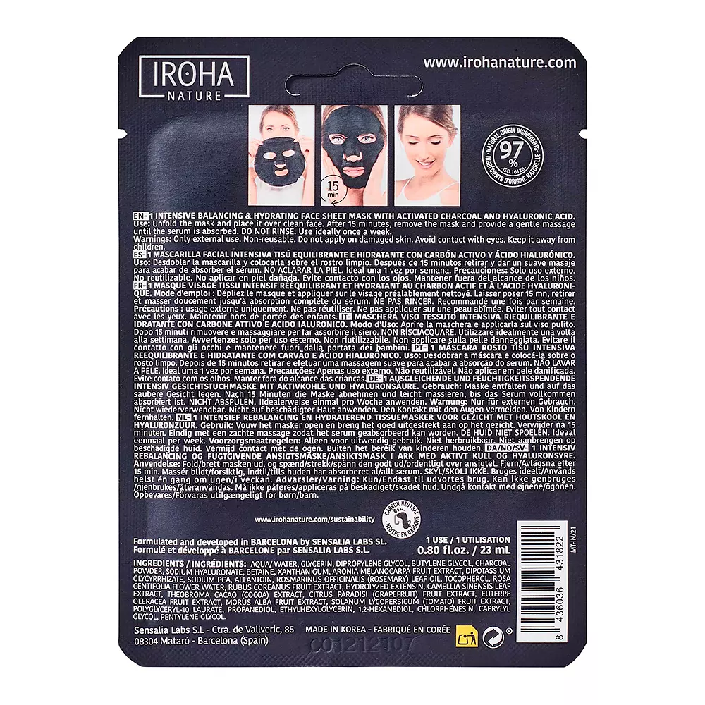 IROHA Masque facial en tissu DETOX CHARCOAL BLACK 1 utilisation 1 unité