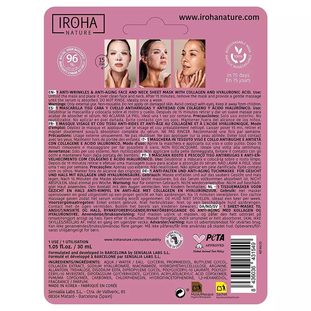 IROHA 100% COTTON FACE & NECK MASK collagen-antiage 1 u IROHA 100% COTTON FACE & NECK MASK collagen-antiage 1 u